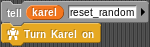 "[tell (karel) reset_random] followed by [Turn Karel on]"